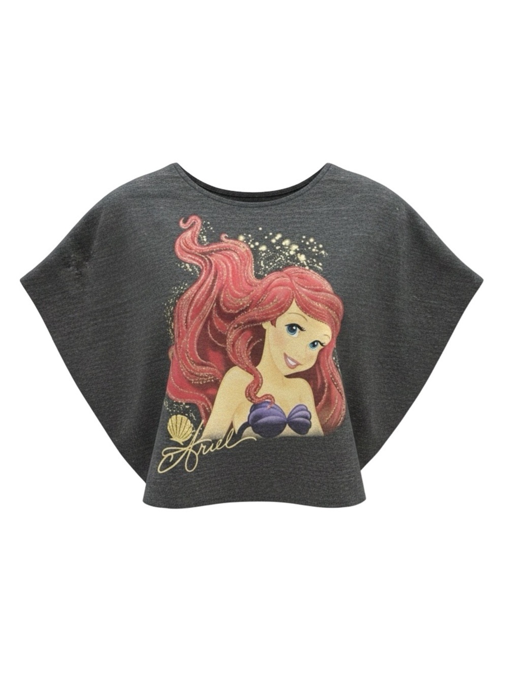 Disney Parks Little Mermaid Ariel glitter bling Graphic Gray Crop Dolman Top LG